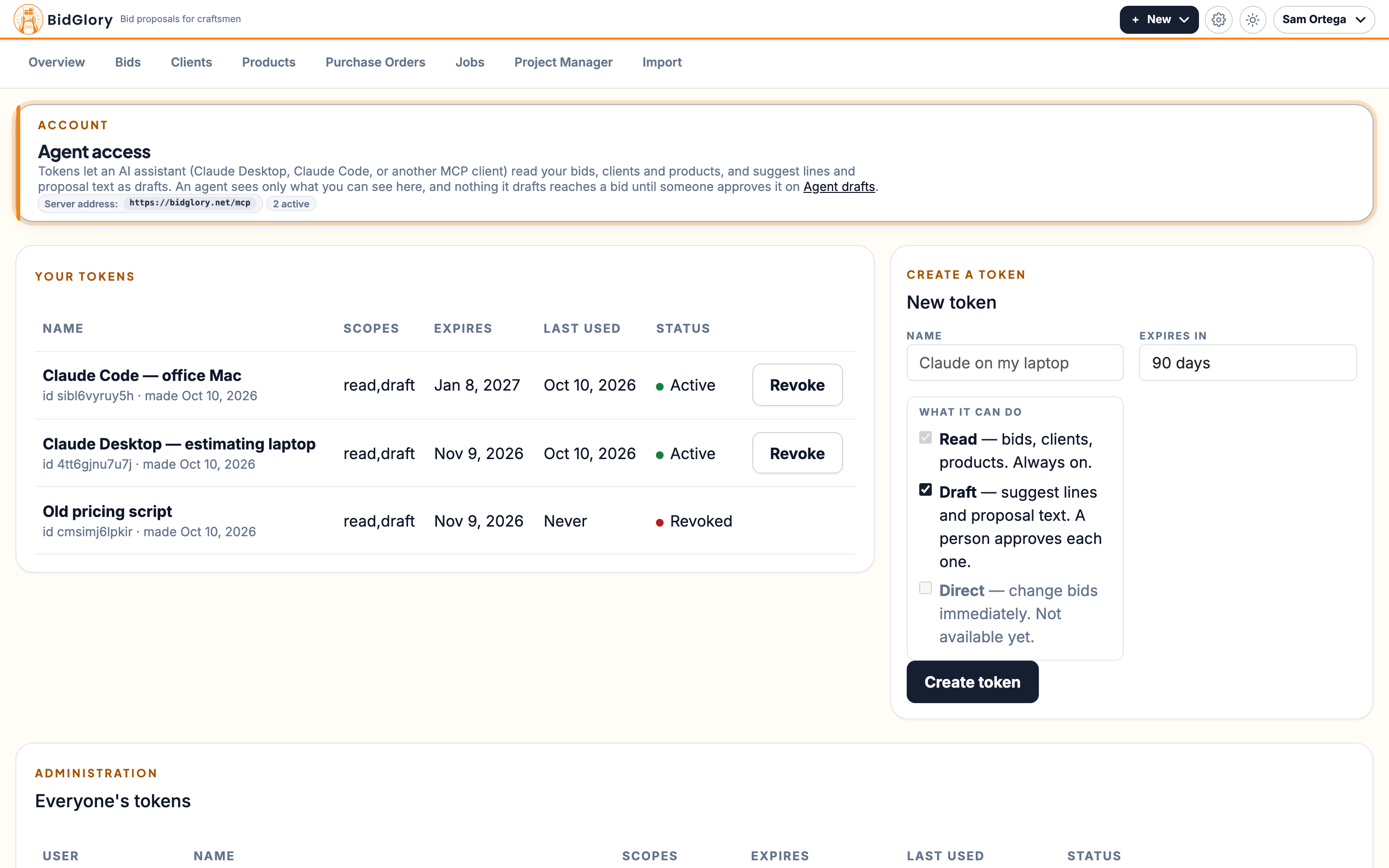 Agent access — your tokens, their scopes and expiry, and everyone's tokens for an admin