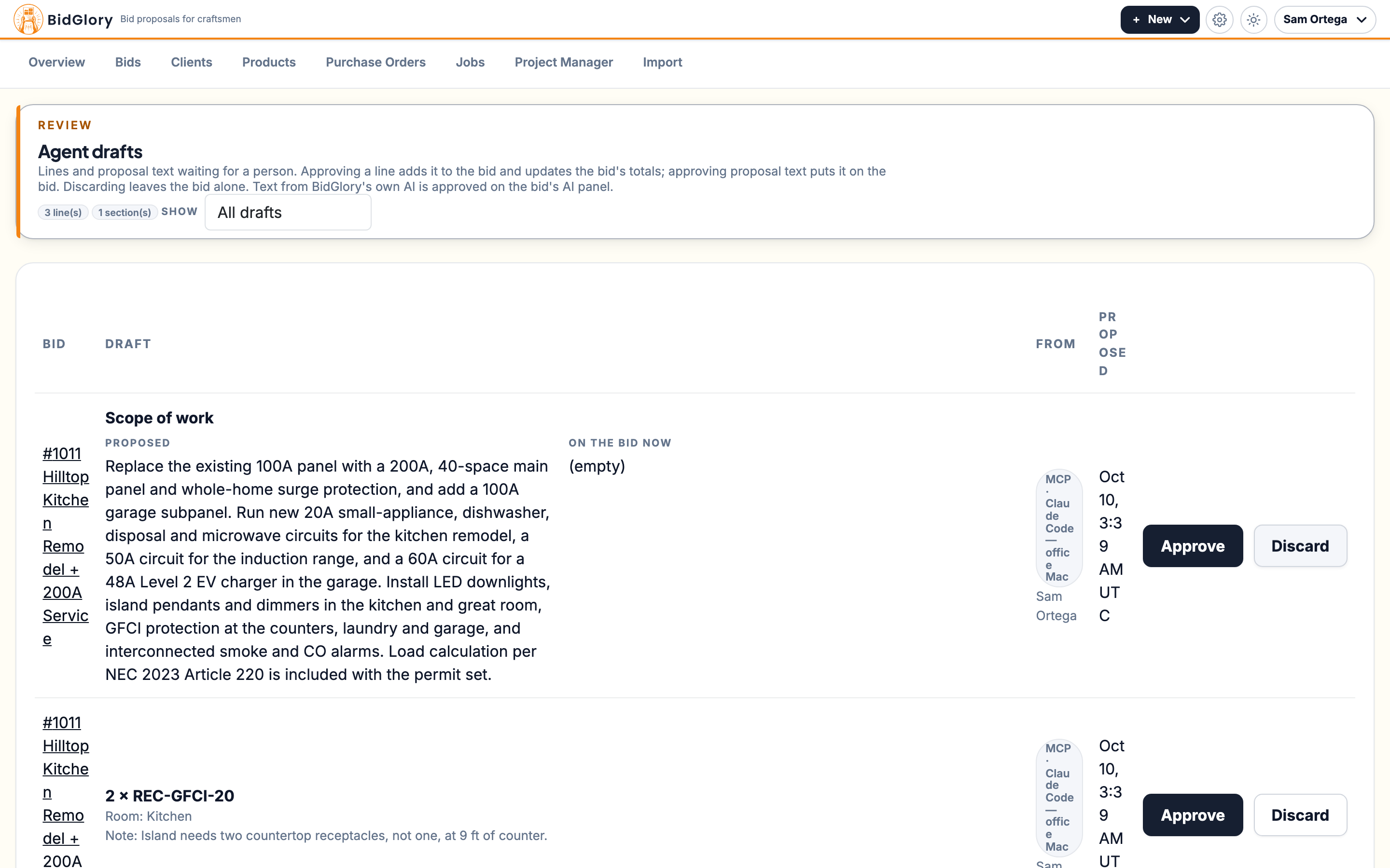 Agent drafts — lines and a scope of work an assistant proposed, waiting for Approve or Discard
