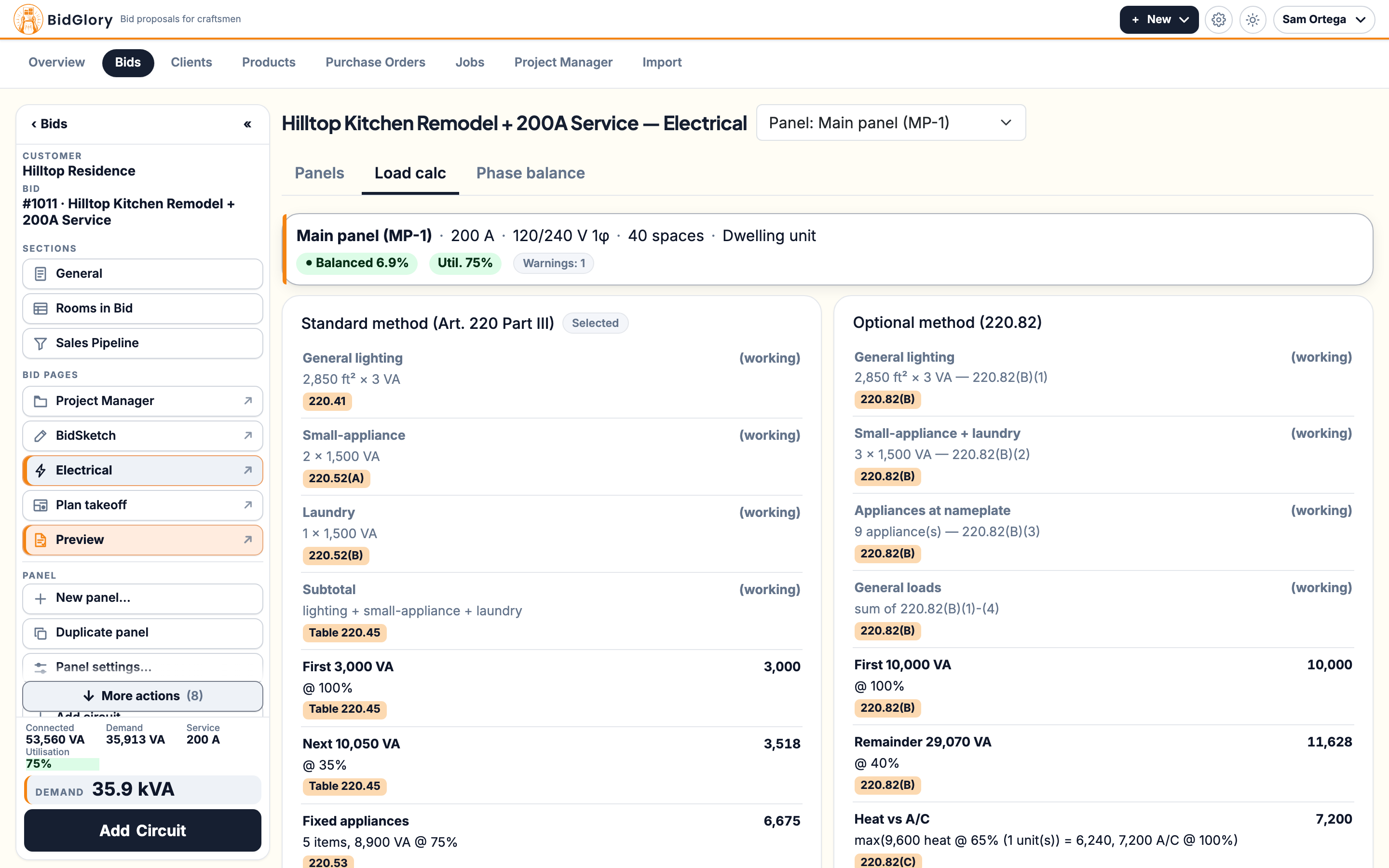 Load calc — NEC 2023 Article 220, standard and optional methods