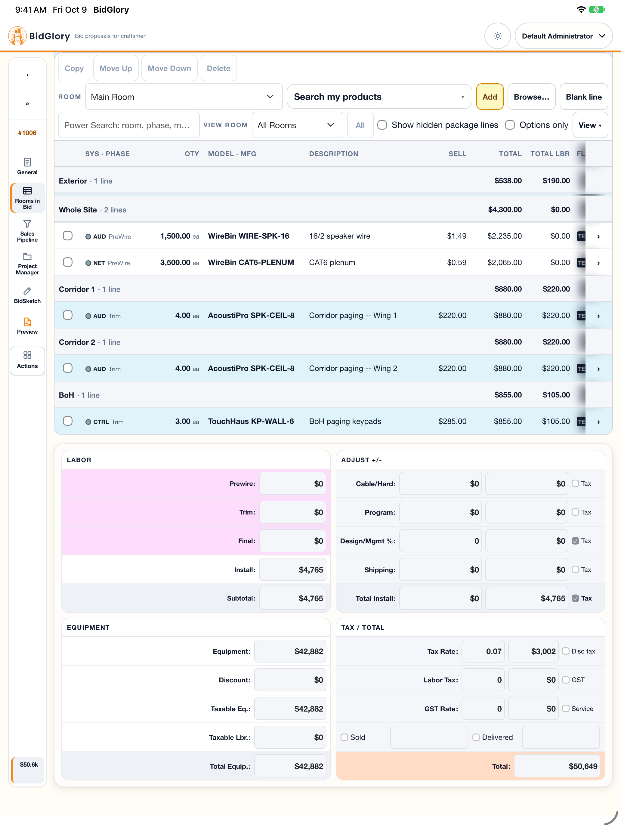 BidGlory on iPad — bid lines with labor, equipment and tax totals
