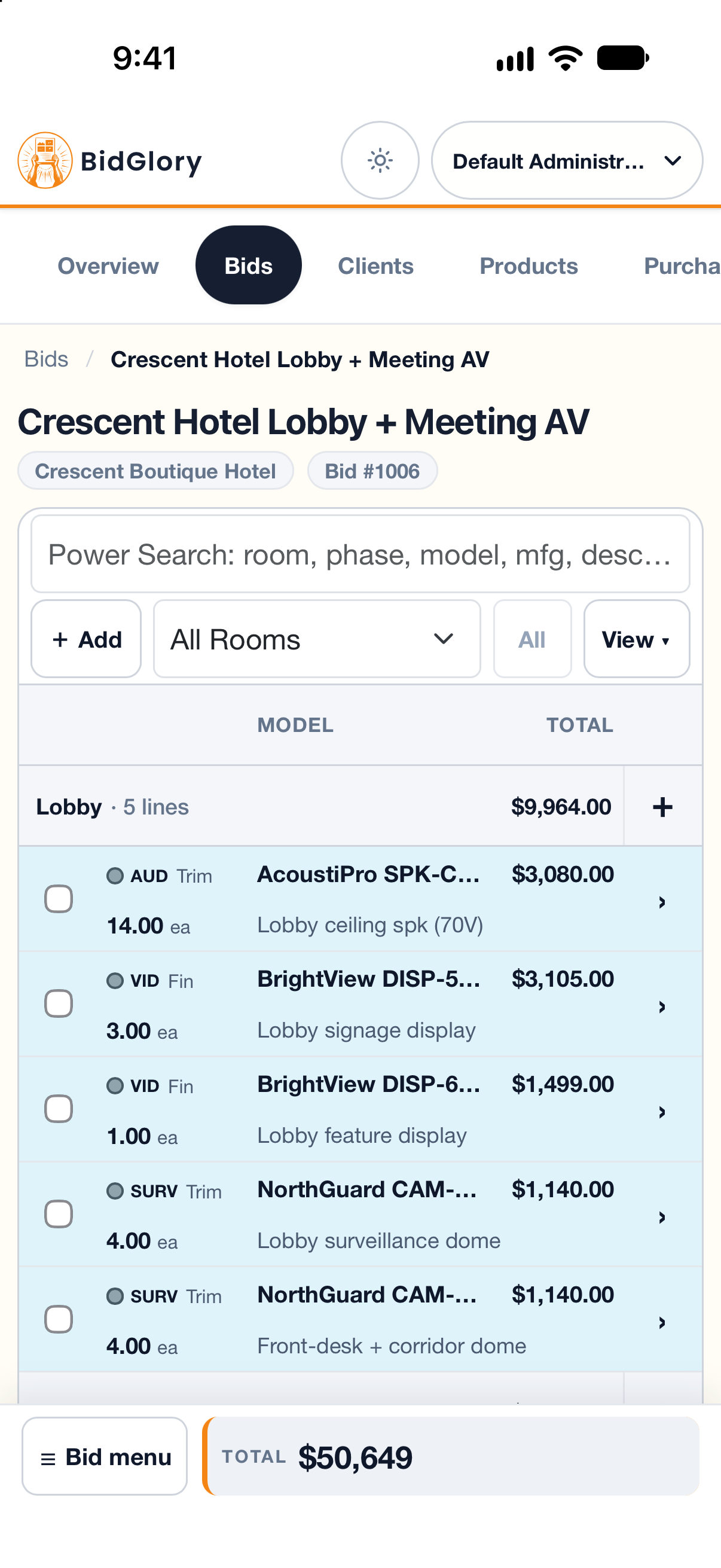 BidGlory on iPhone — a bid's rooms and lines, with + Add and the running total