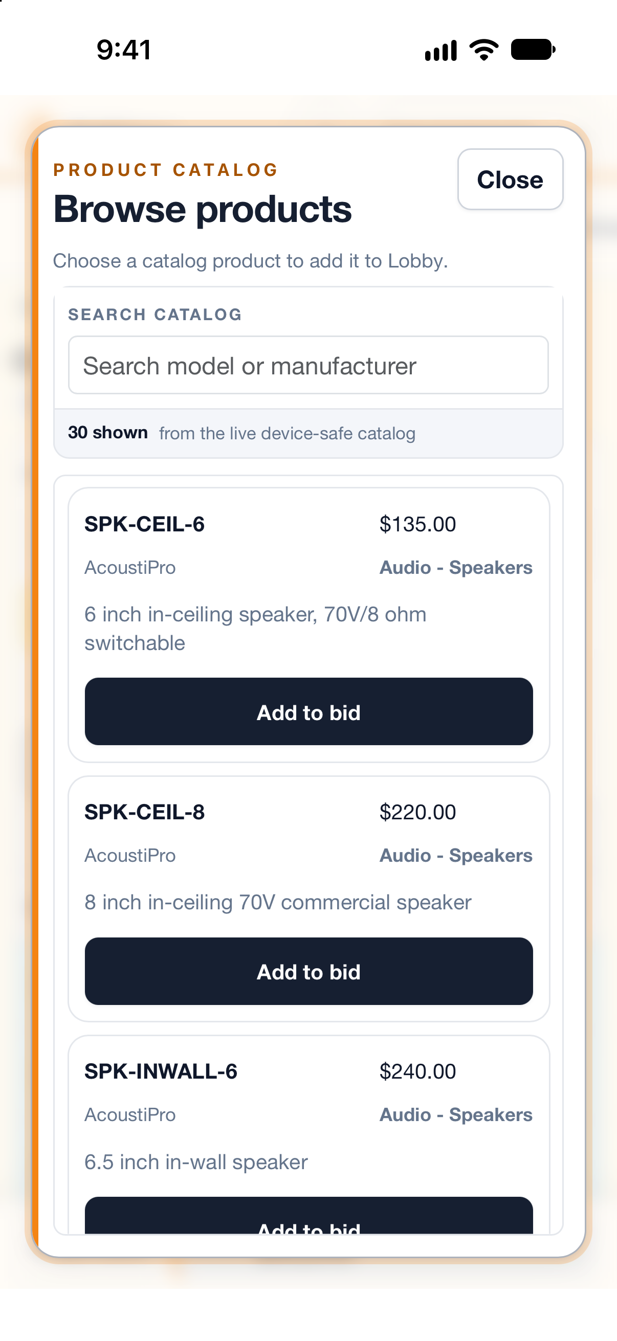 BidGlory on iPhone — browsing the product catalog to add to the Lobby