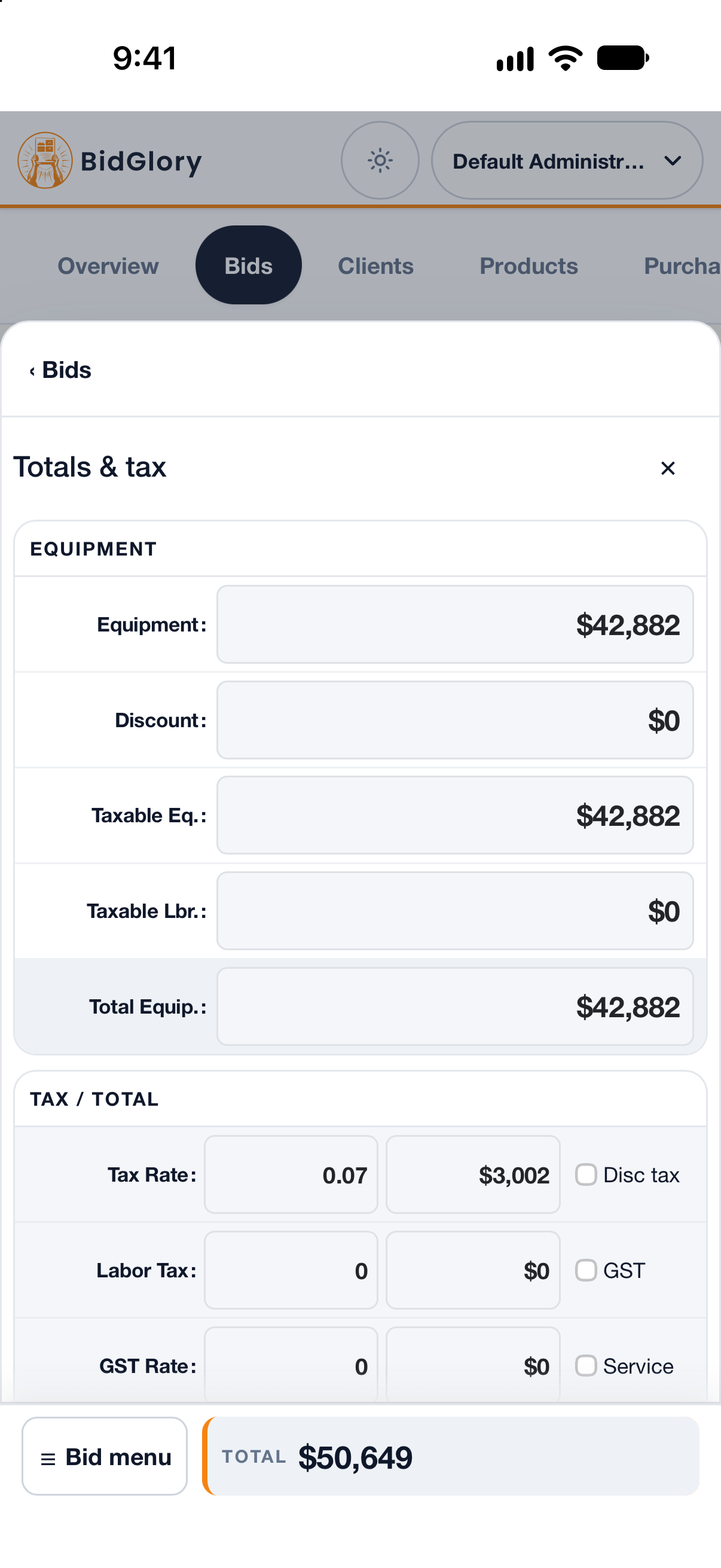 BidGlory on iPhone — the bid's Totals & tax sheet