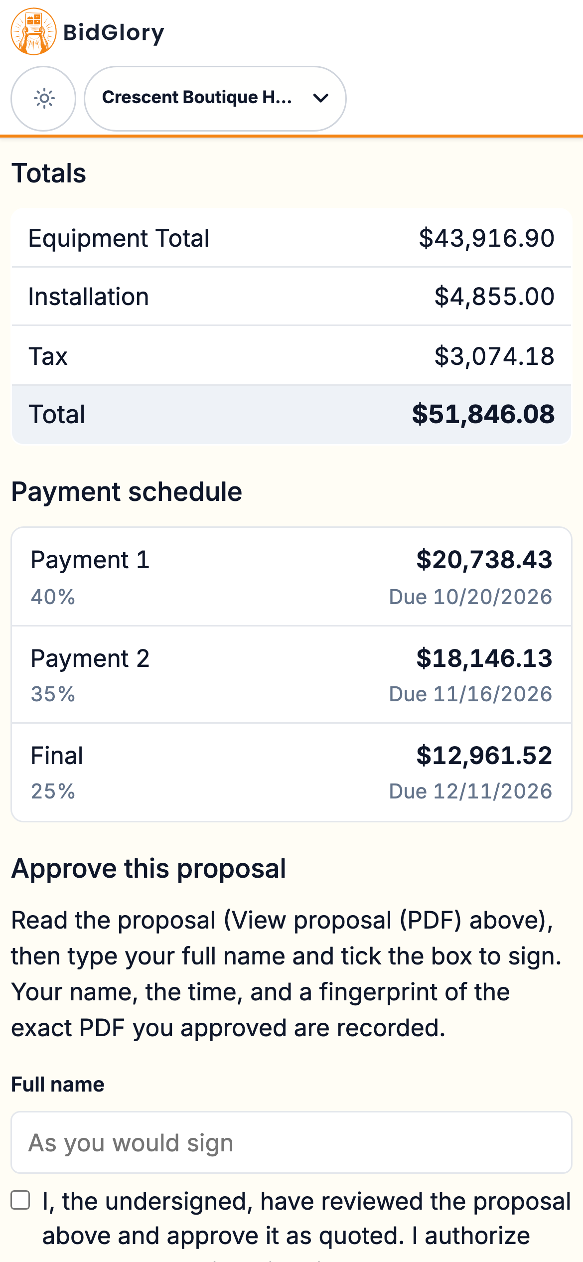 Customer portal on a phone — totals, payment schedule and approval