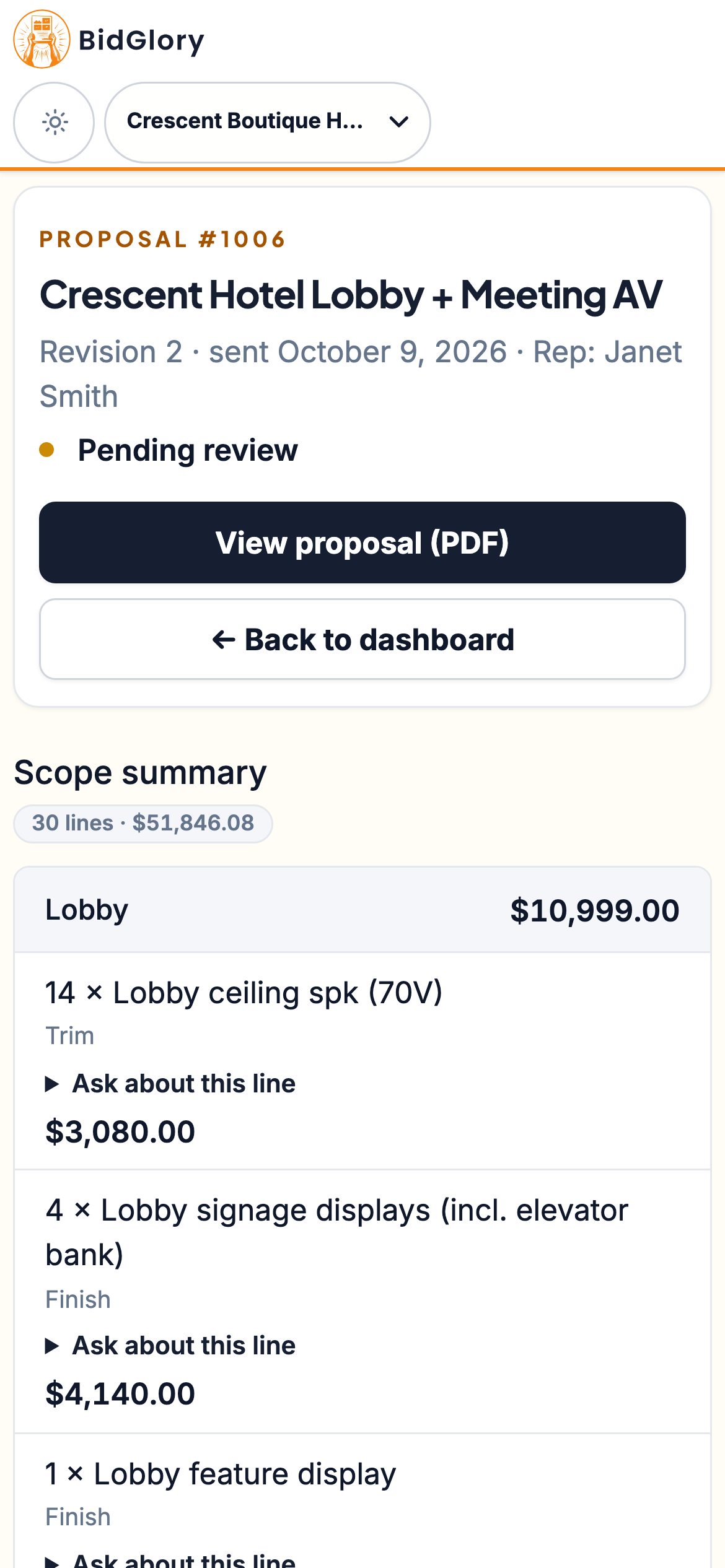Customer portal on a phone — the proposal, revision and status