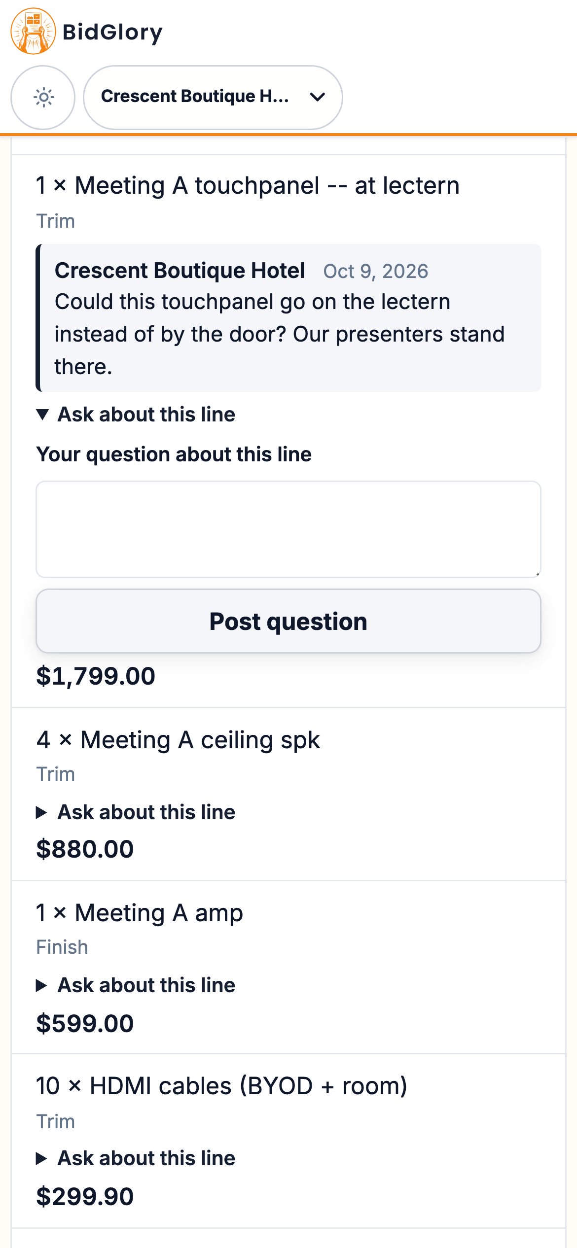 Customer portal on a phone — asking about a line