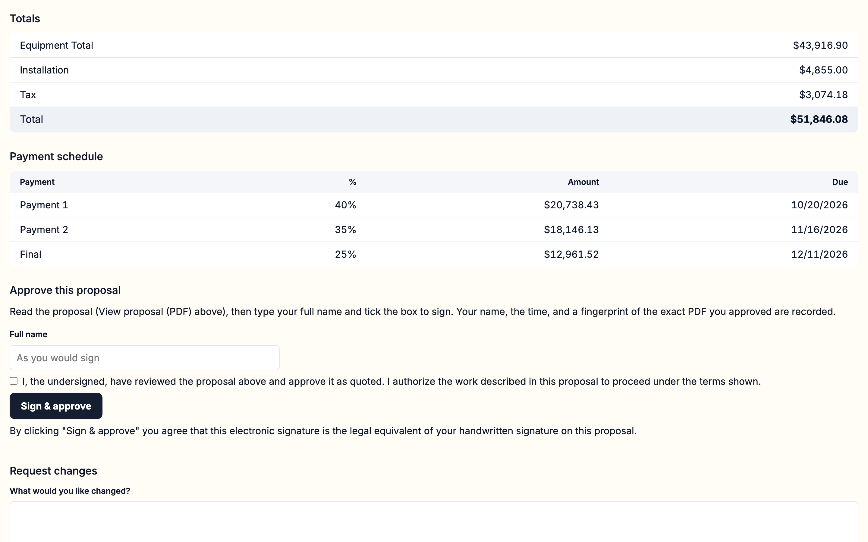 Customer view — totals, payment schedule and Sign & approve