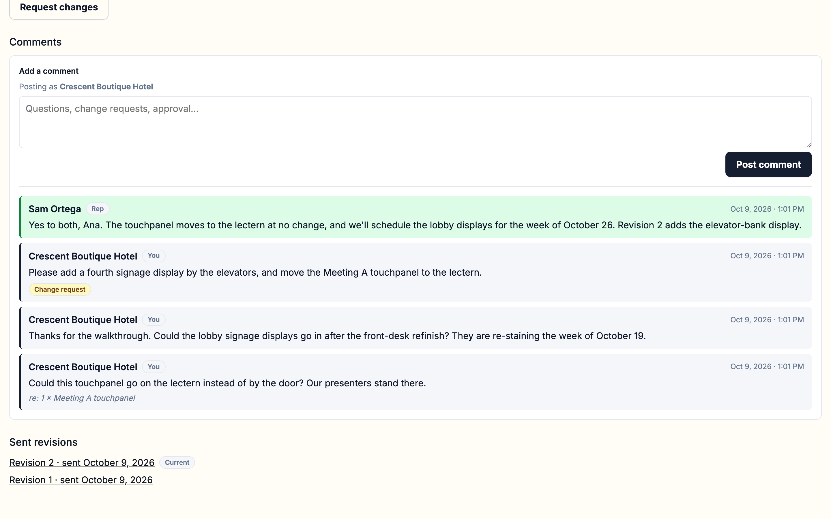 Customer view — comments, a change request and a line question