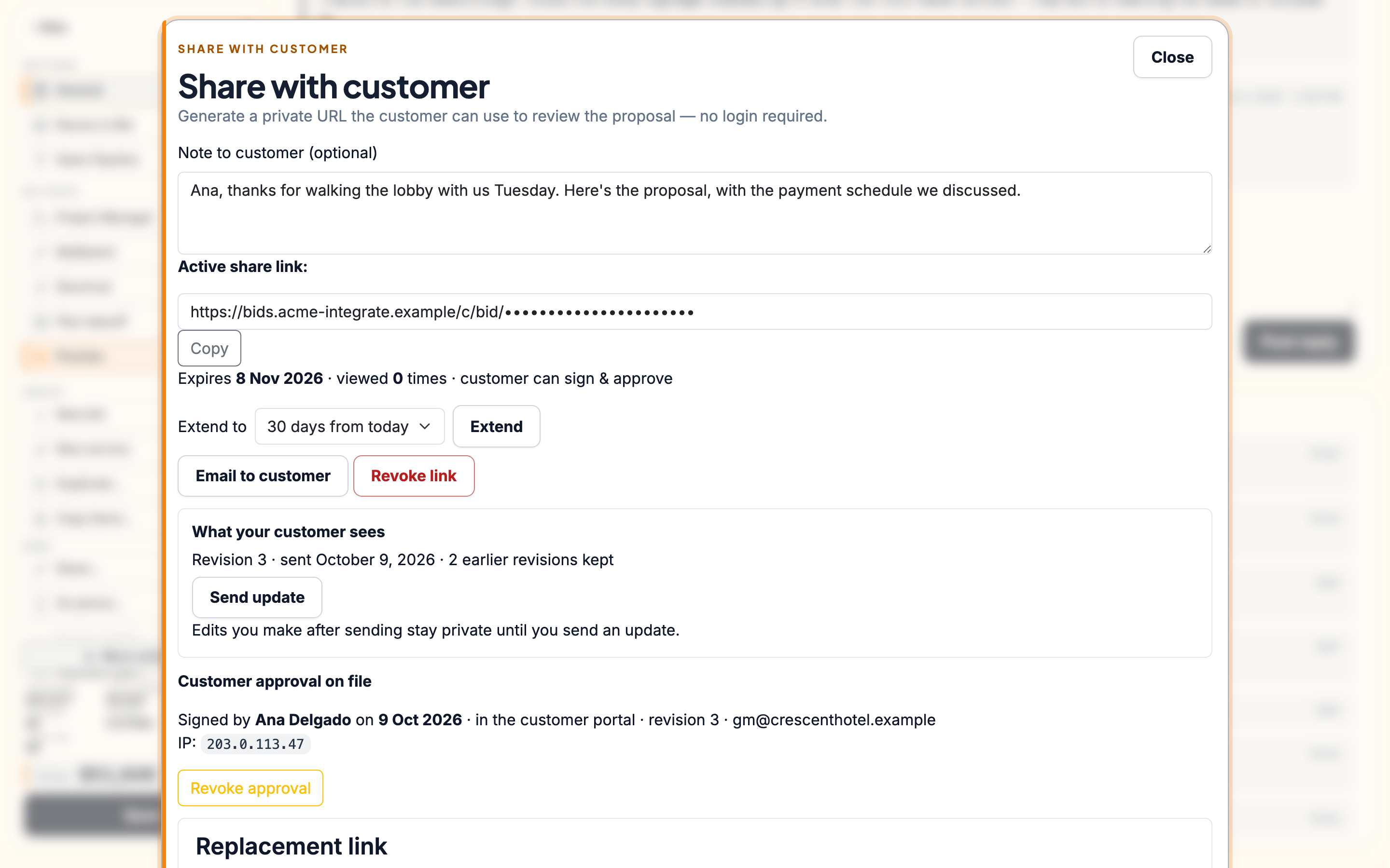 Share with customer — the revision they see and the approval on file (link token masked)